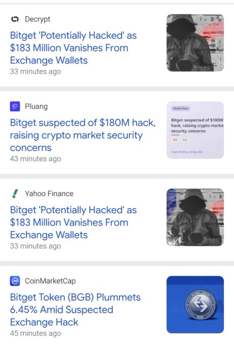News feed screenshots from Decrypt, Pluang, Yahoo Finance, and CoinMarketCap reporting that Bitget was 'Potentially Hacked' with $183 million vanishing from exchange wallets, causing the Bitget Token (BGB) to plummet 6.45%.
