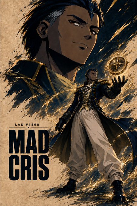 The image features an illustrated character with dark hair, glowing eyes, and dark skin, depicted in a dramatic pose holding a glowing compass, wearing a long coat with golden accents. Bold text reads "LAD #1898" and "MAD CRIS," representing the user's identity as a member of the MadLads NFT collection.