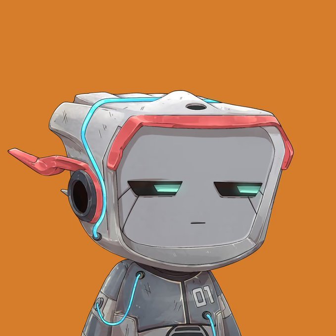 An illustration of a gray, boxy robot with glowing cyan eyes, red accents, and a small pink wing, marked with "01" on its chest.
