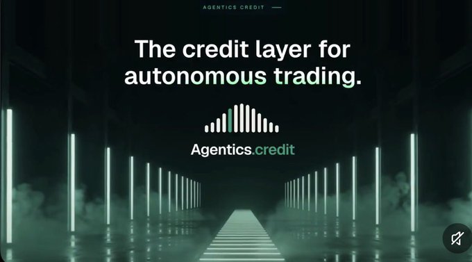 A promotional graphic with the text 'The credit layer for autonomo**us trading**. Agentics.credit' displayed over a futuristic green-lit corridor with neon vertical lights and mist.