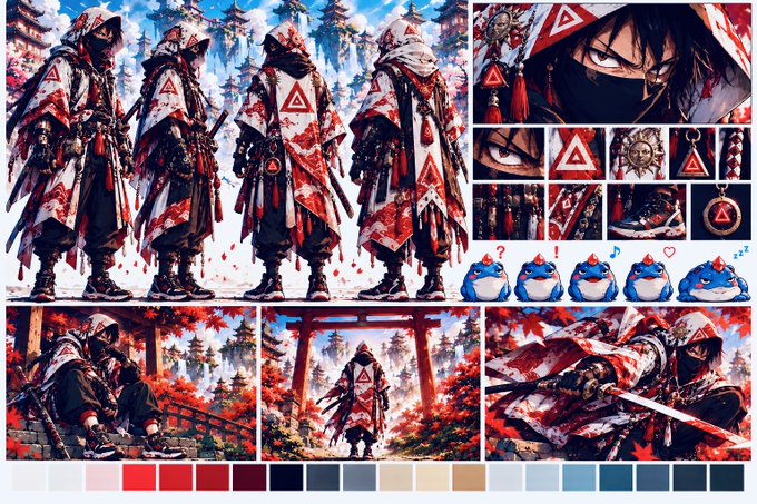 An anime-style character design sheet featuring a hooded warrior figure in red, white, and black robes, displayed from multiple angles with detail panels showing eyes, accessories, and blue creature companions, accompanied by a color palette at the bottom.