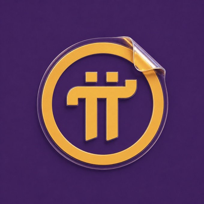 The golden Pi Network cryptocurrency logo is shown as a glossy sticker peeling off its backing against a solid purple background.