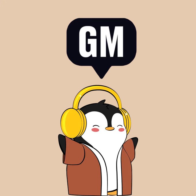A cartoon penguin wearing yellow headphones and a brown hoodie has a speech bubble above its head displaying 'GM'.