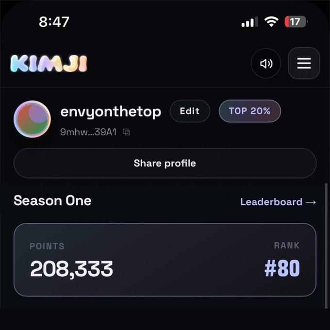 A mobile app screenshot shows the 'KIMAJI' profile for user 'envyonthetop' (TOP 20%), displaying 'Season One' with 208,333 points and rank #80.