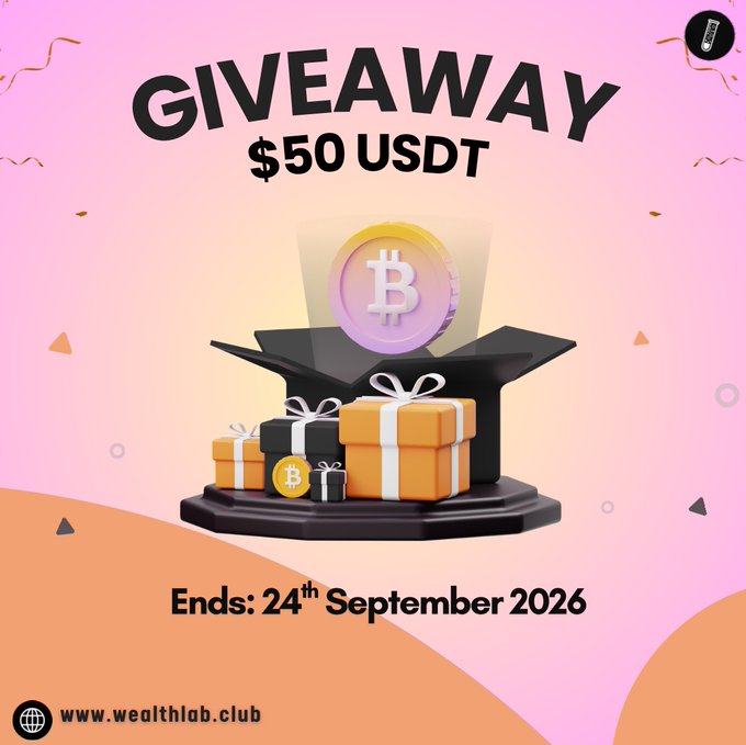 The image is a pink and orange giveaway graphic announcing a "$50 USDT GIVEAWAY" ending 24th September 2026, featuring a Bitcoin coin popping out of a gift box alongside presents and a smaller golden Bitcoin coin, with the website "www.wealthlab.club" displayed at the bottom. The design visually reinforces the promotional post from @WealthLabClub, tying the cryptocurrency theme to the contest's prize and entry requirements.