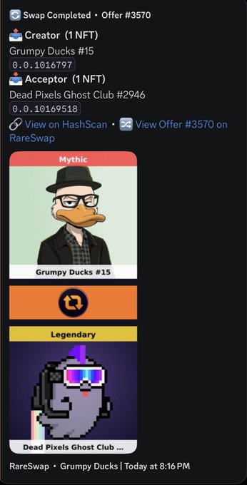 A RareSwap notification showing a completed swap (Offer #3570) between a Mythic Grumpy Ducks #15 NFT (0.1016797 ETH) and a Legendary Dead Pixels Ghost Club #2946 NFT (0.10169518 ETH).