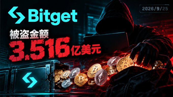 The image shows a Bitget cryptocurrency hack announcement graphic, featuring a hooded hacker figure with crypto coins and a safe, with text stating "被盗金额 3.516亿美元" (stolen amount of $351.6 million USD). This visually reinforces the post's key detail that Bitget's stolen funds are confirmed at $351.6 million, originating exclusively from hot and warm wallets rather than cold storage.