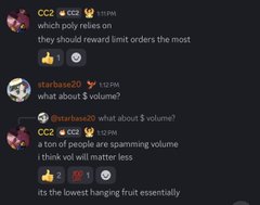A Discord chat discussion where users debate rally ordering in a game, with CC2 suggesting volatility rewards matter most, starbase20 asking about volume, and nzrebacc69 concluding 'vol will matter less. its the lowest hanging fruit essentially.'
