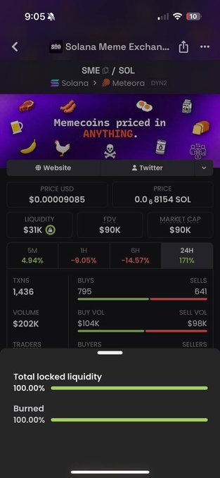 A mobile screenshot from a Solana Meme Exchange showing token statistics for 'SME' paired with SOL on Meteora, displaying a price of $0.000009085, a market cap of $90K, and 100% burned and locked liquidity.