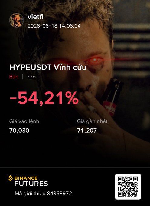 The image shows a person's face with red eyes, possibly from a photo or video feed. The caption of the image reads "tạo 2 đỉnh trong thị trường bearish mà vẫn lực vậy sai". This description suggests that the person's face is being used as an eye-catching element in a post or advertisement. The image also includes text and numbers, possibly representing data or statistics related to the content of the post.
