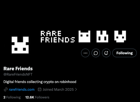 A Twitter/X profile page for 'Rare Friends' (@RareFriendsNFT) showing pixel-art ghost logos, with the bio 'Digital friends collecting crypto on robinhood', linking to rarefriends.com, joined March 2025, with 12.6K followers.