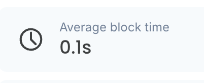 The image shows a metric labeled "Average block time" with a clock icon, displaying "0.1s" — highlighting Robinhood Chain's rapid block production speed, which supports the claim that it is over 4x faster than Solana and 10x faster than Base.