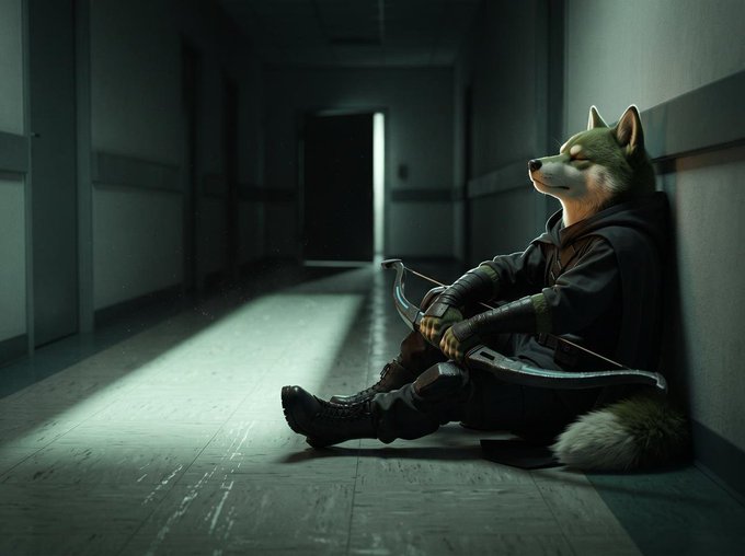 An anthropomorphic wolf wearing a dark cloak sits on the floor of a dimly lit hallway, leaning against a wall while holding a crossbow.