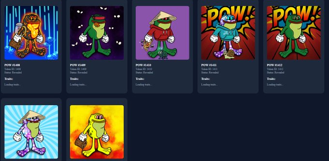 A gallery display of seven NFT character cards featuring a Pepe the Frog-style character in various costumes and themes, all labeled 'POW!' with token IDs and 'Loading traits...' status, attributed to 'Eternal'.