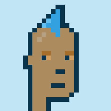 A simple pixel art portrait of a bald person with a blue marking on top of their head and orange eyes, set against a light blue background.