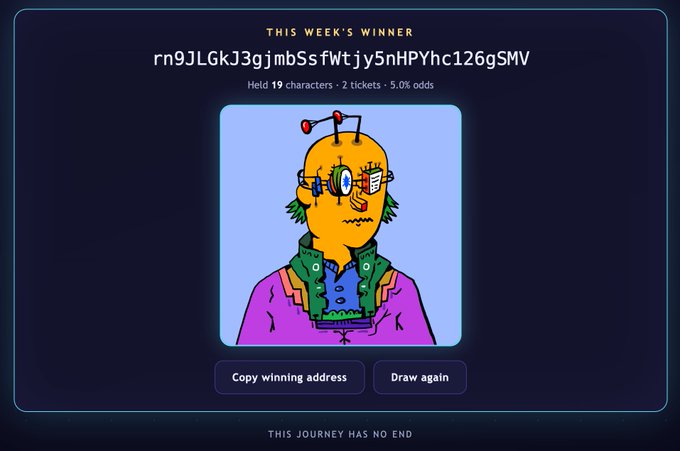 A dark blue screen displaying "THIS WEEK'S WINNER" with a crypto address "rn9JLGkJ3gjmbSsFwtjy5nHPYhc126gSMV", details about held characters, tickets, and odds, alongside a colorful cartoon alien-like character and buttons for "Copy winning address" and "Draw again".