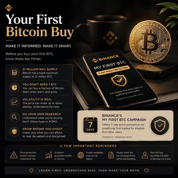 An infographic titled "Your First Bitcoin Buy" with key tips including the 21 million max supply, fractional purchases, volatility awareness, research, and investment limits, while promoting Binance's "My First BTC" campaign offering 7-day price protection for first-time buyers. The image directly reinforces the post's advice by visually highlighting that new buyers don't need a full BTC and should understand risks like volatility and capped supply before purchasing.