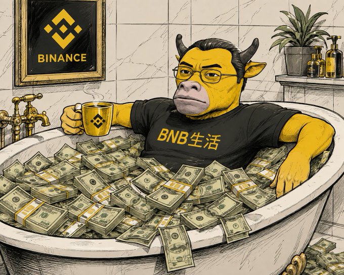 A cartoon illustration shows a yellow bull character with horns and glasses relaxing in a bathtub overflowing with stacks of cash, wearing a "BNB生活" (BNB Life) shirt, with a "BINANCE" logo framed on the wall.