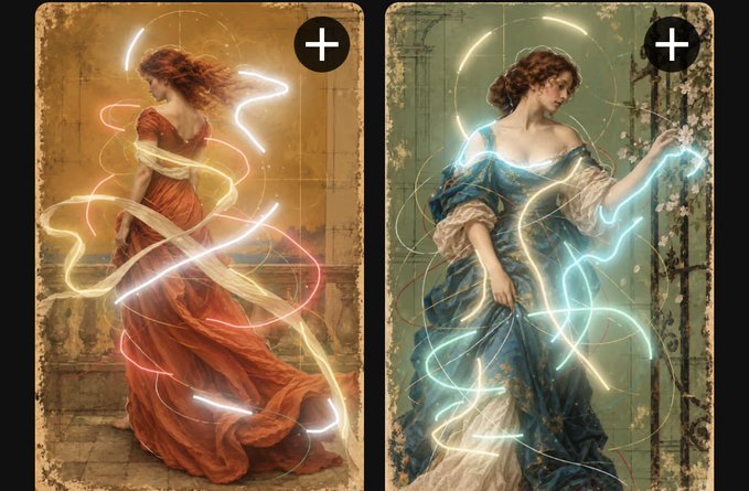 Two classical-style paintings of women in flowing gowns are enhanced with swirling, colorful light trails in pink, orange, blue, and green, each marked with a '+' icon in the top corner.