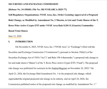 The image shows a close-up of a white document with black text that appears to be a legal or financial agreement. The document's main focus is related to cryptocurrency exchanges, specifically the approval of an exchange called "NYSE Arca". There are several other cryptocurrencies listed as assets in this exchange, including $XRP (bitcoin cash) and some ETH ( Ethereum). Other cryptocurrencies like SOL (solitude), ADA (digital asset currency), DOGE (dime digital), and others can also be accessed through the approved exchange. The document includes a description of the changes that need to be made in order for this exchange to become active, as well as the date and time when these changes will be implemented.