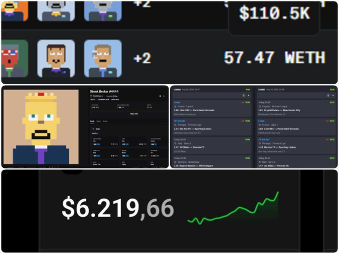 A collage showing pixel art characters, a wallet profile for 'Sloth Broker #1444', and cryptocurrency trading information including '110.5K', '57.47 WETH', and a balance of '$6.219,66' above a green line graph.
