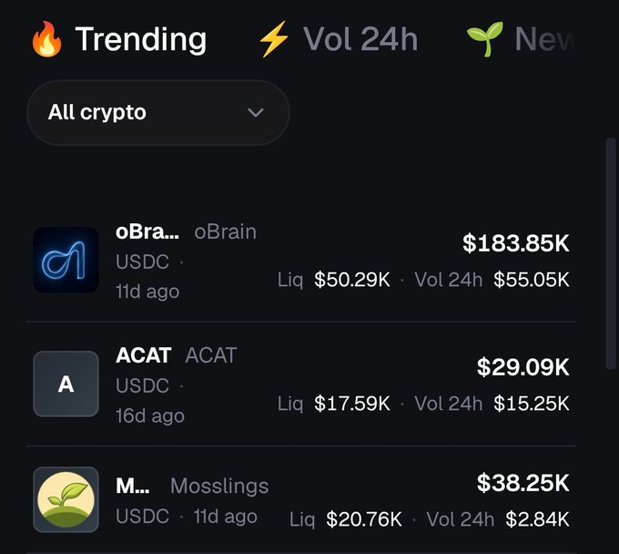 A cryptocurrency tracking interface showing a 'Trending' tab with an 'All crypto' filter, displaying tokens including oBrain at $183.85K, ACAT at $29.09K, and Mosslings at $38.25K with their respective liquidity and 24h volume figures.