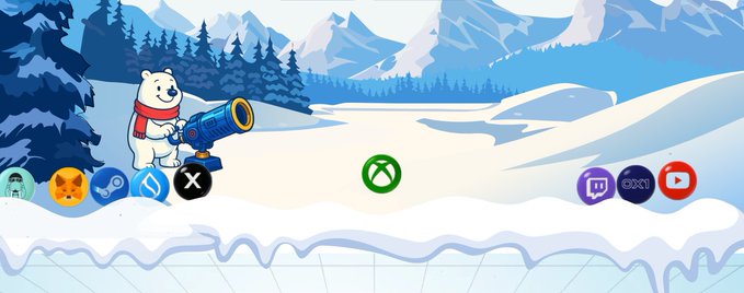 A winter-themed computer desktop wallpaper featuring a polar bear with a red scarf operating a cannon in a snowy mountain landscape, with various cryptocurrency and social media icons (including XRP, OXT, Twitch, and YouTube) arranged along the bottom taskbar.