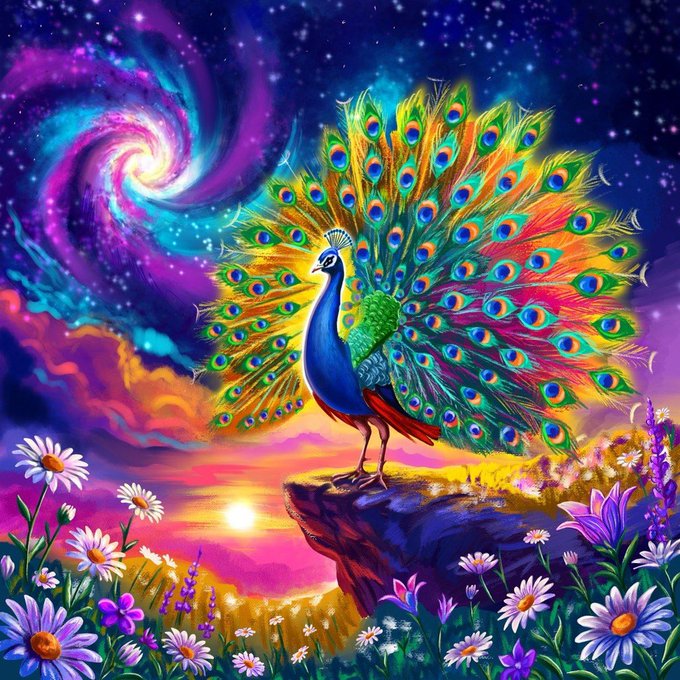 A vibrant digital artwork shows a peacock with a fully fanned, multicolored tail standing on a cliff edge against a swirling galaxy and sunset sky, surrounded by flowers.