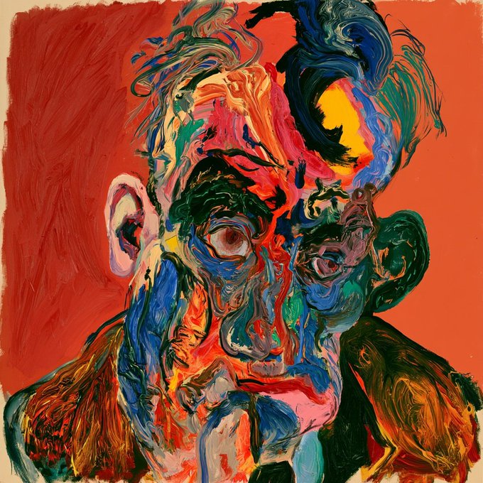 An expressionist self-portrait painting featuring a face rendered in chaotic, vibrant swirls of red, blue, green, and yellow paint against a bright red background.