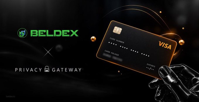 Promotional banner featuring the BELDEX logo and 'Privacy Gateway' text alongside a metallic hand holding a black Visa credit card with an orange glowing outline.