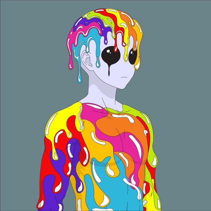 A pastel humanoid figure with large black eyes is covered in vibrant, multicolored paint dripping down its body and head, set against a muted gray background. The surreal, art-style character complements the "gm" (good morning) post with its dreamy, animated aesthetic typical of crypto/NFT community greetings.