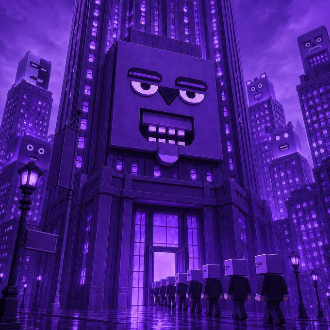 A line of blocky, cube-headed figures marches into a towering building with a giant grimacing face, surrounded by skyscrapers also bearing animated, cartoonish expressions—all bathed in moody purple lighting. The surreal, city-as-living-creatures scene visually echoes the post's themes of "handmade art," "human feelings, machine logic," and the "INKTOIDS" NFT collection, reinforcing the community-driven, art-meets-crypto culture being promoted for the whitelist.