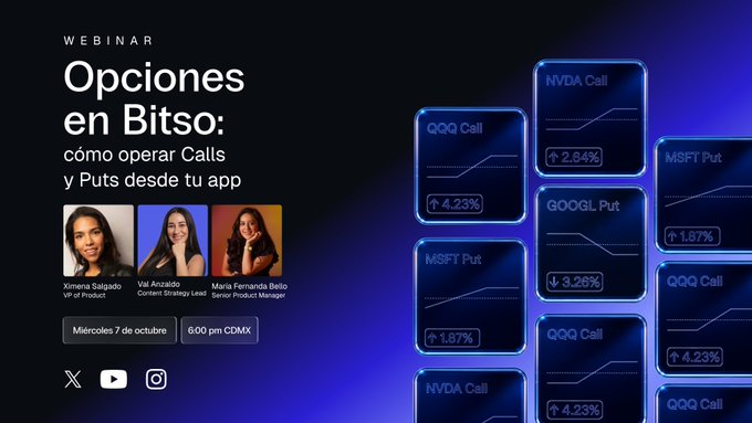 A promotional image for a Bitso webinar titled "Opciones en Bitso: cómo operar Calls y Puts desde tu app," scheduled for October 7 at 6:00 PM CDMX, featuring speakers Ximena Salgado (VP of Product), Val Anzaldo (Content Strategy Lead), and María Fernanda Bello (Senior Product Manager), alongside visual graphics of stock option cards showing tickers like NVDA, MSFT, and QQQ with call/put indicators and percentage changes.