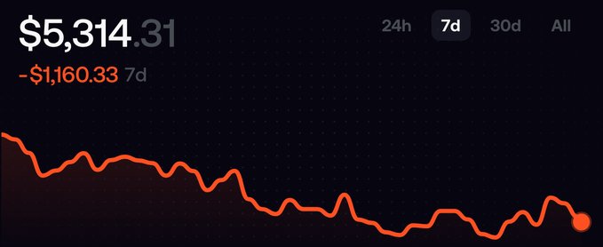 A dark-themed financial chart shows a value of '$5,314.31' with a red downward trend line indicating a '-1,160.33' change over 7 days.