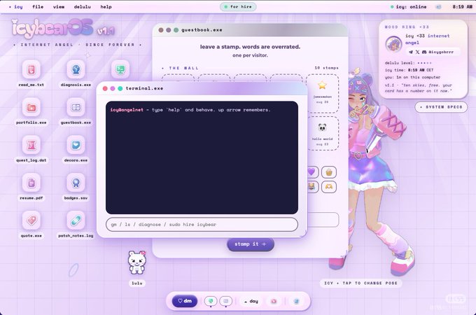 A y2k-style virtual desktop environment called 'icybearOS v1.11' with pastel aesthetics, featuring multiple open windows including a guestbook, terminal, and system specs, alongside anime-style character art.