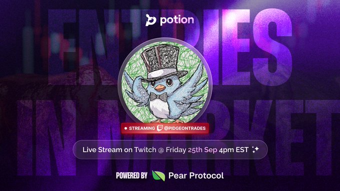 The image is a promotional graphic for a crypto market livestream titled "ENABLING TRADES IN A MARKET," featuring a bird in a top hat logo and announcing a live Twitch stream on Friday, September 25th at 4pm EST, streamed by @PidgeonTrades and powered by Potion and Pear Protocol. The graphic ties to the post by promoting the upcoming stream where the host will discuss BTC's sideways action and the awakening altcoin market despite the $2.86 trillion pullback in total crypto market cap.