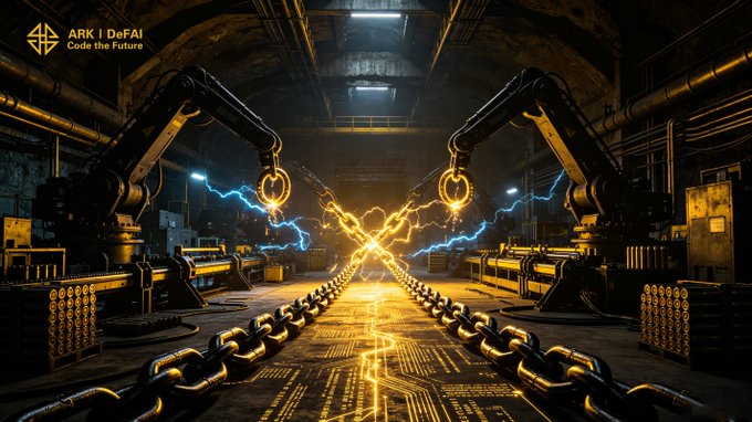 Two industrial robotic arms lock into glowing blue and orange chains at their crossing point inside a dimly lit factory, with "ARK | DeFAI – Code the Future" displayed in the top-left corner. The imagery of interconnected mechanical power visually reinforces the post's message about Arkie's AI agents rapidly linking ideas to execution, strengthening the ARK ecosystem as it pushes forward.