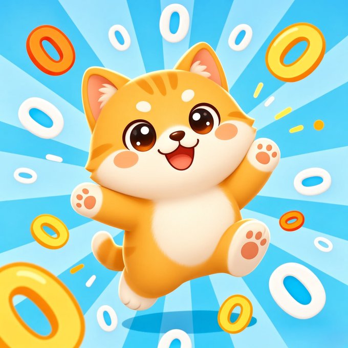 A cheerful orange cartoon cat with a wide smile jumps joyfully in mid-air, surrounded by floating ring-shaped candies against a bright blue sunburst background, perfectly capturing the "Kill Zero Cat" memecoin mascot in an energetic, celebratory pose.