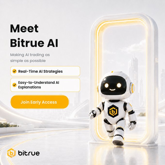 A promotional graphic for Bitrue AI featuring a friendly white robot mascot stepping through a glowing portal in a futuristic cityscape, with text highlighting "Meet Bitrue AI - Making AI trading as simple as possible" along with features like "Real-Time AI Strategies" and "Easy-to-Understand AI Explanations," and a "Join Early Access" call-to-action button, matching the post's announcement of free early access to their AI-powered crypto trading copilot.