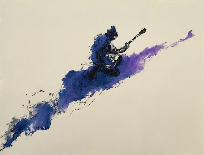 The image features a painting of a person playing an electric guitar, with purple and blue colors used for the background and the guitar itself. The artist has used a technique called "blending" or "glazing", which creates a smooth transition between different shades of color. This technique is often used in abstract art to create depth and visual interest. The painting is displayed on a white surface, making it stand out against its backdrop.