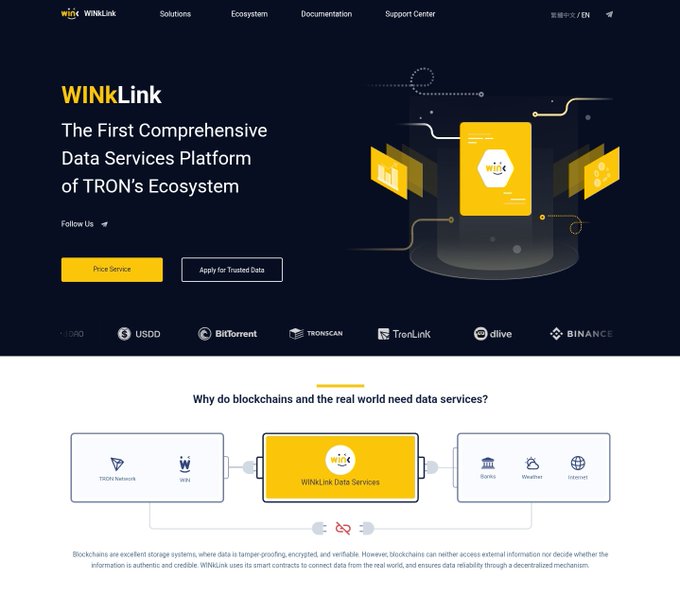 Website landing page for WINkLink, described as 'The First Comprehensive Data Services Platform of TRON's Ecosystem,' featuring price services and smart contract-based data connectivity.