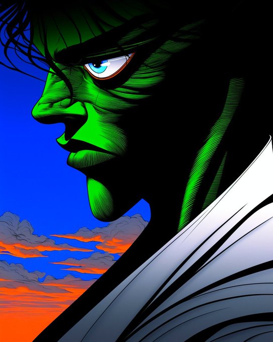 A comic-book style illustration shows a green-skinned, angry character in profile against a blue sky with orange clouds.