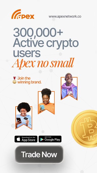 An advertisement for Apex Network at www.apexnetwork.co claiming '300,000+ Active crypto users - Apex no small', featuring happy users with phones, available on App Store and Google Play, with a 'Trade Now' button.
