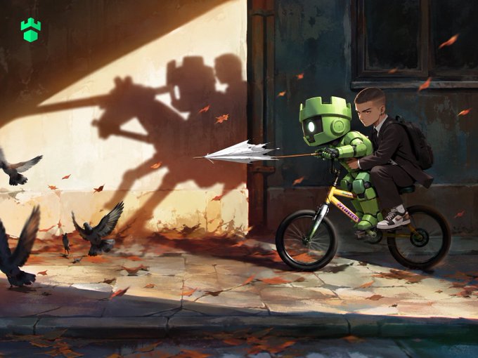 A stylized digital illustration of a child in a suit riding on the back of a small green robot wearing a crown while both ride a bicycle, casting a dramatic shadow of knights on a wall amid falling leaves and birds.