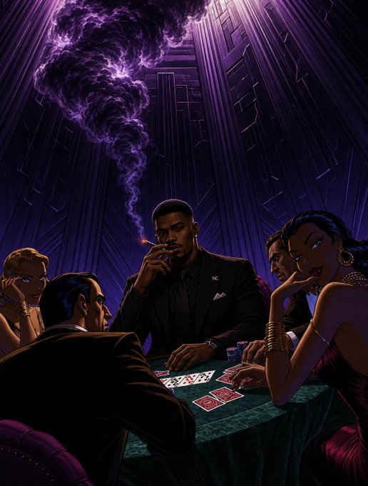 An illustration of a man smoking a cigar while playing a card game at a green table, surrounded by other figures in a dark, purple-lit room.