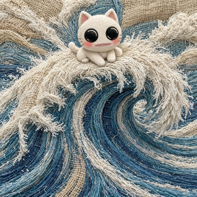 A small white cat figurine with large black eyes and pink cheeks sits on a textured art piece depicting swirling ocean waves in blue and cream colors, rendered in a fabric or fibrous medium.