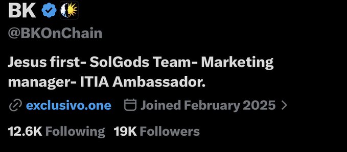 A Twitter/X profile header for '@BKOnChain' with the bio 'Jesus first- SolGods Team- Marketing manager- ITIA Ambassador', a link to exclusivo.one, and stats showing 12.6K Following and 19K Followers.