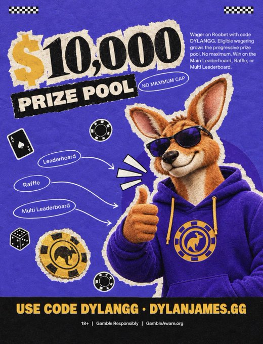 A kangaroo wearing sunglasses and a purple hoodie gives a thumbs-up alongside a $10,000 prize pool announcement for Roobet, featuring cut-paper style graphics and details about Leaderboard, Raffle, and Multi Leaderboard ways to win using promo code DYLANGG at DylanJames.GG.