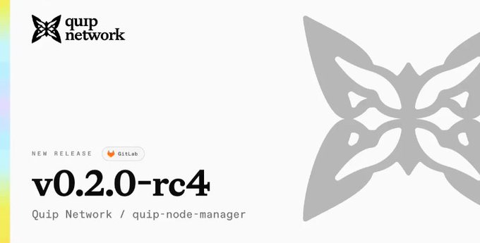 The image features a promotional post from Quip Network, highlighting an update available for a 0.2 0-RC4 node manager. The main elements of the post include a white banner displaying the text "Quip Network" at the top and a smaller graphic design depicting a butterfly on a blue background. This combination effectively communicates the message that users should not feel overwhelmed or burdened by managing their node, as this new release simplifies the process with an embedded dashboard for better monitoring and control over the deployed nodes.