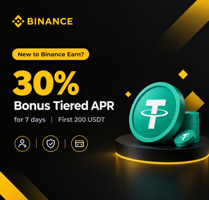 Advertisement for Binance Earn offering a 30% Bonus Tiered APR for 7 days on the first 200 USDT, featuring green Tether (USDT) coins.